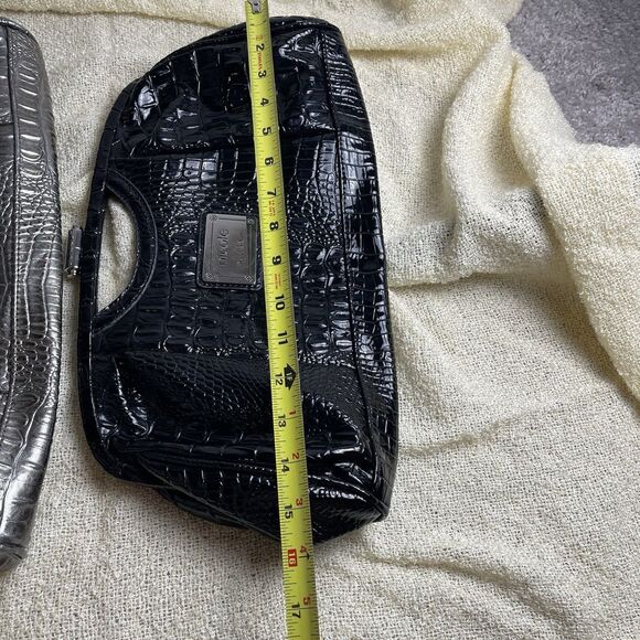 Lot of 2 Nicole Miller Faux Exotic Leather Clutch Kiss Lock‎ Black/silver - Picture 7 of 9